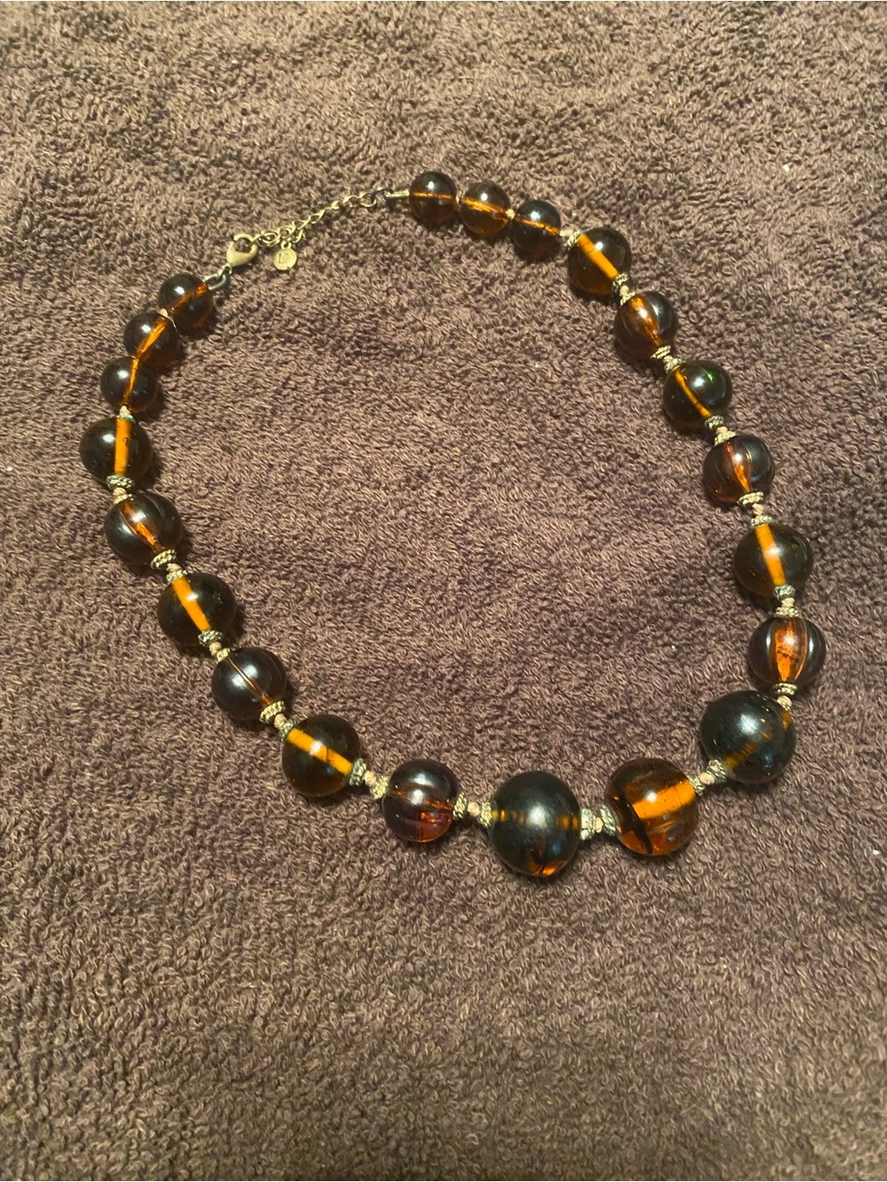 Vintage Liz Claiborne Brown Amber Glass Bead Necklace with Gold Accents
